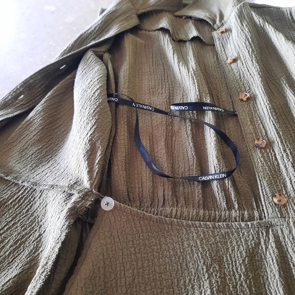 Calvin Klein Faux Wrap Dress Size 6 Army Olive Green Side Tie Minimalist - Picture 15 of 16